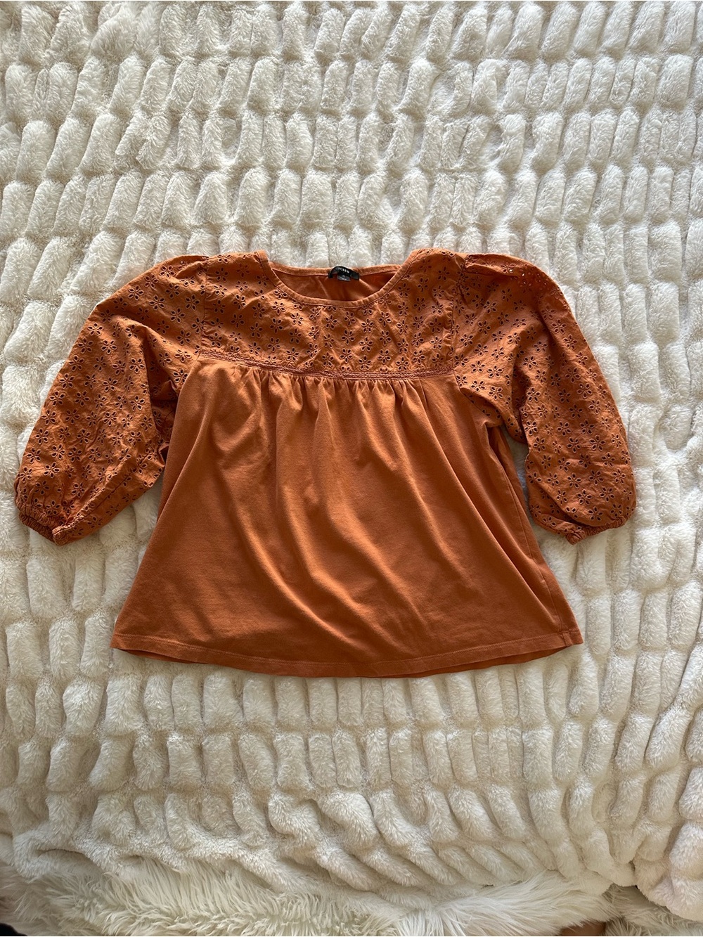 J. Crew Rust Orange Eyelet Sleeve Boho Peasant Top Size M
